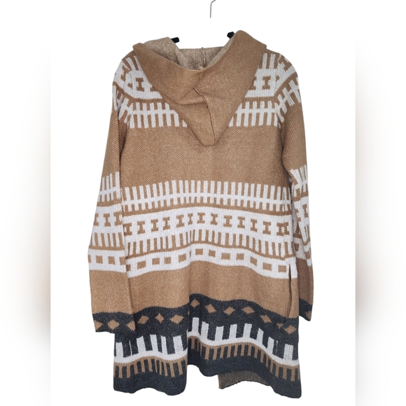 LOVE BY DESIGN Tribal print open sweater, Hooded, black/white/camel, size M - Picture 4 of 6